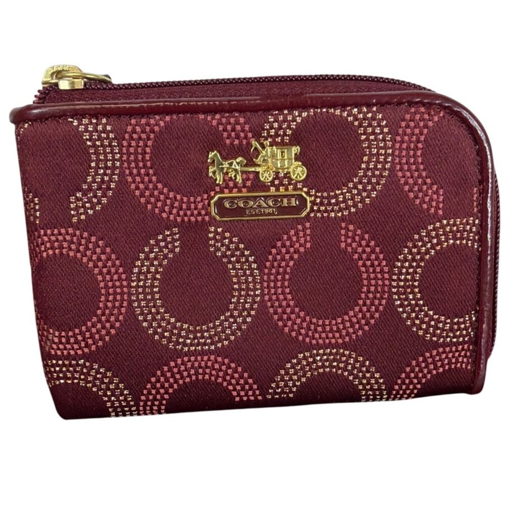 Coach Red Gold Tunnel Embellishment Zip Mini Wallet Keychain Card Case